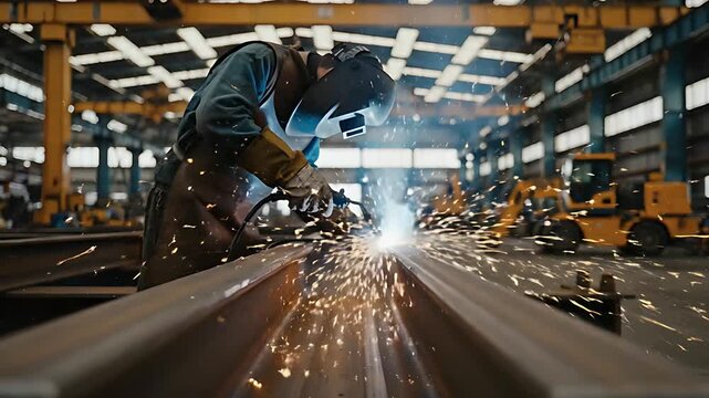 Welder working on steel beams with sparks in an industrial factory. Metalworker in safety gear performing precision arc welding. Heavy industry concept for engineering and manufacturing marketing.