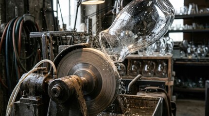 Fototapeta premium Glassblower grinding and polishing a glass pitcher in a workshop