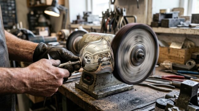 Craftsman polishing a silver chalice on a buffing machine in a workshop