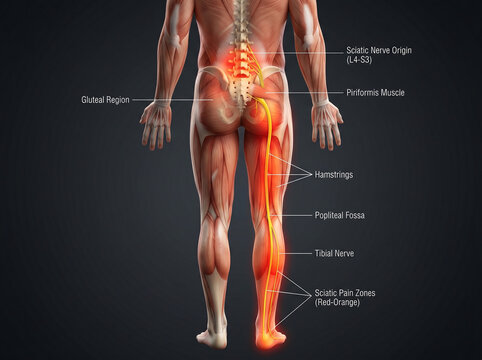 Anatomical illustration of the sciatic nerve and associated pain zones