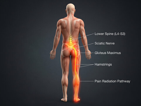 Anatomical illustration of sciatic nerve pain radiation pathway