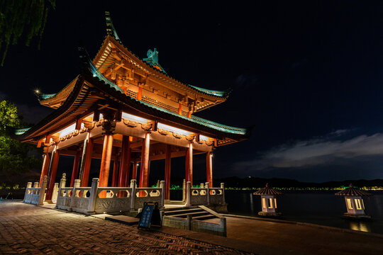 Cui Guang Pavilion at West Lake in Hangzhou at Night