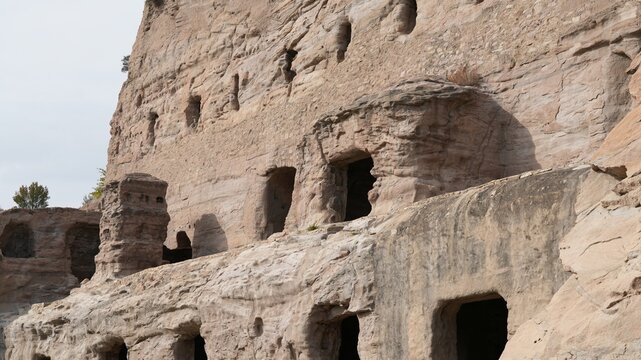 The old big sculptures view carved on the hill near Datong city in China for the buddhism reason
