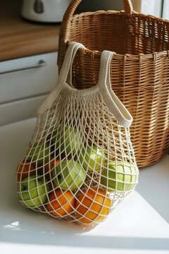 Bolsa de malla ecol&oacute;gica con manzanas y naranjas junto a cesta de mimbre