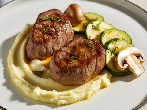 Medallones de solomillo de ternera a la parrilla sobre pur&eacute; de patatas con calabac&iacute;n y champi&ntilde;ones