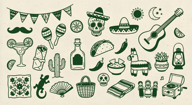 Mexican culture icons set, vintage green linocut style mexico clip art, traditional fiesta and day of the dead vector elements for party design