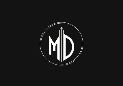 Minimalist white MD monogram logo on black background