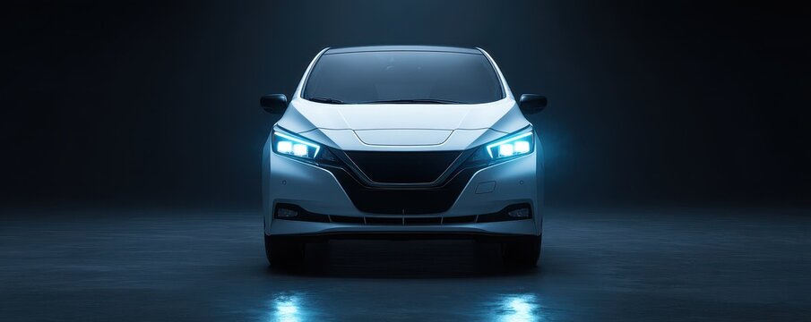 Modern White Electric Vehicle With Bright Blue Headlights Illuminated On A Wet Dark Road Reflecting Light In A Futuristic Atmosphere