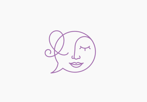 Minimalist woman face line art logo in speech bubble icon