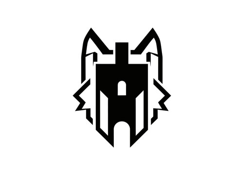Minimalist wolf head and castle tower logo design