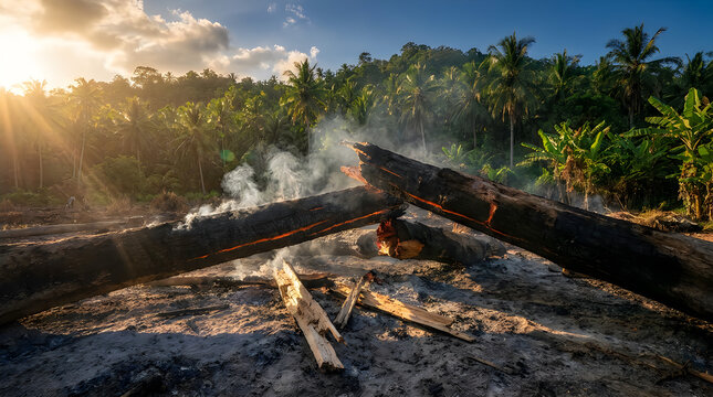 Smoldering Fallen Trees in Scorched Clearing with Tropical Forest and Sunlight &mdash; Deforestation Concept