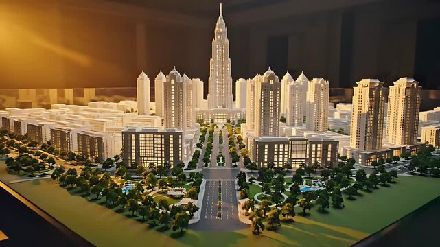 Architectural scale model of a modern city skyline. Miniature urban project with lit skyscrapers and landscaping. Real estate planning concept for architecture marketing and property development.
