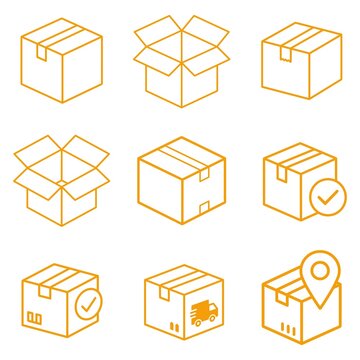 Minimal delivery box icon set with open and closed package designs. Clean flat SVG style ideal for shipping, logistics, e-commerce, and packaging visuals.