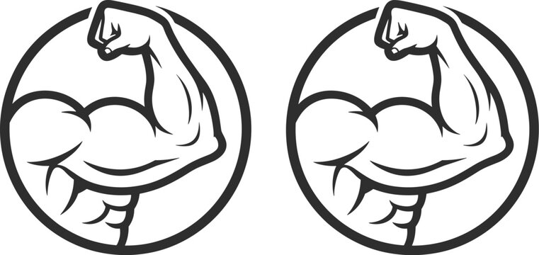 Stylized line art illustration of flexing bicep muscles within a circular frame on a white background