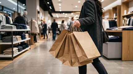 Fototapeta premium Woman Holding Shopping Bags Inside Contemporary Clothing Boutique