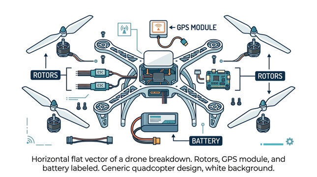 Exploded view diagram of a generic quadcopter drone with labeled components.