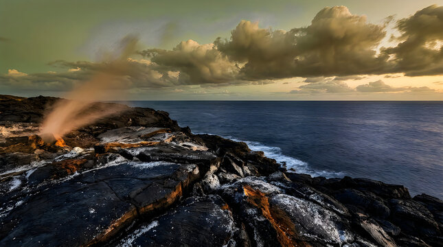 Dark Volcanic Obsidian Shoreline Meeting Calm Ocean with Steam Vent and Dramatic Cloudy Sunset Sky