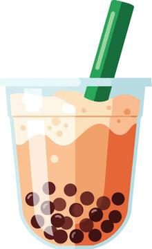 Bubble tea in plastic cup with tapioca pearls and green straw vector can editable