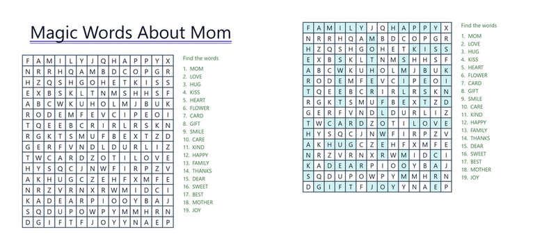 Word search puzzle with magic words about mom, educational and fun activity