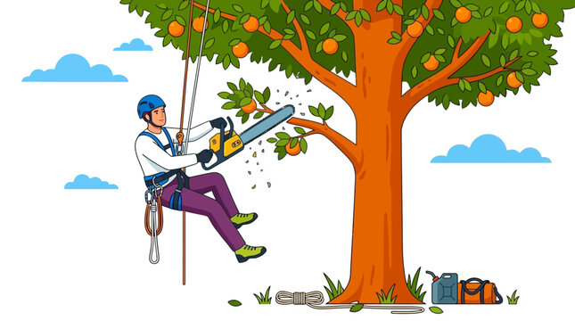 Professional arborist using a chainsaw to prune branches in a large fruit tree.