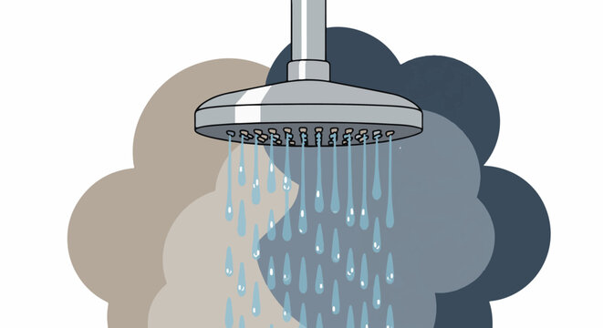 A shower head releases streams of water onto a background of soft, abstract clouds