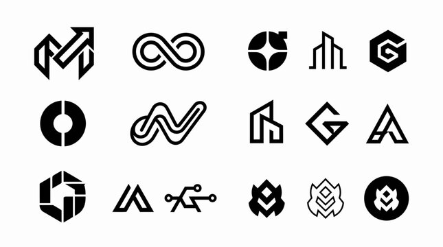 Collection of diverse abstract geometric logos and modern brand identity designs.