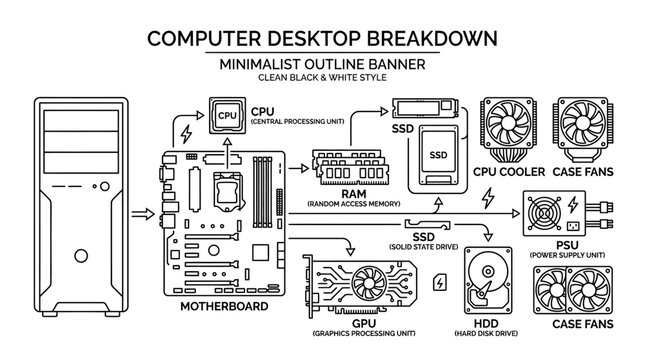 Minimalist outline diagram showing the components of a computer desktop system.