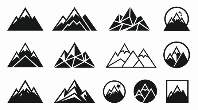 Collection of stylized mountain range icons and logos in various geometric and abstract designs.
