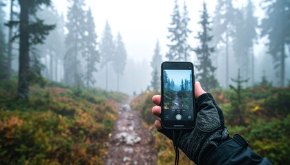 Fototapeta premium Capture the essence of adventure with this POV shot of a hiker photographing a foggy forest trail. A perfect blend of nature and technology for outdoor travel and lifestyle marketing.