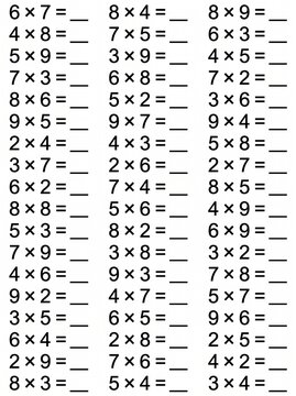 Educational mathematics worksheet featuring a series of multiplication problems designed for learning and practice, ideal for students mastering basic arithmetic skills