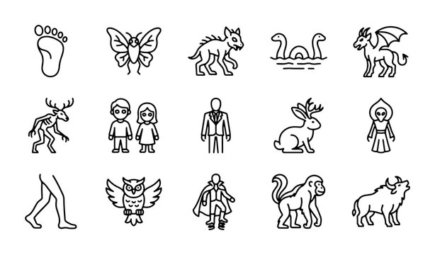 Mythical Creatures and Legends Icons: Bigfoot, Dragon, Nessie, Cryptids, Folklore