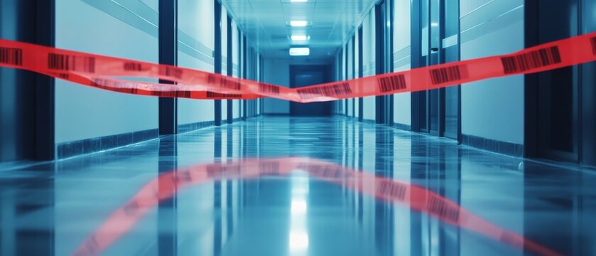 Red tape blocks access to hallway in office building during safety concern on a weekday