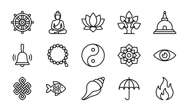 Buddhist Icons Set, Dharma Wheel, Buddha, Lotus, Stupa, Yin Yang, Meditation Symbols