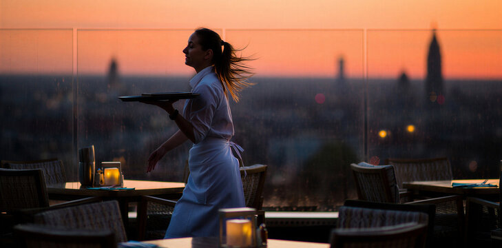 Waitress carrying tray on rooftop terrace at sunset with city skyline, waitress