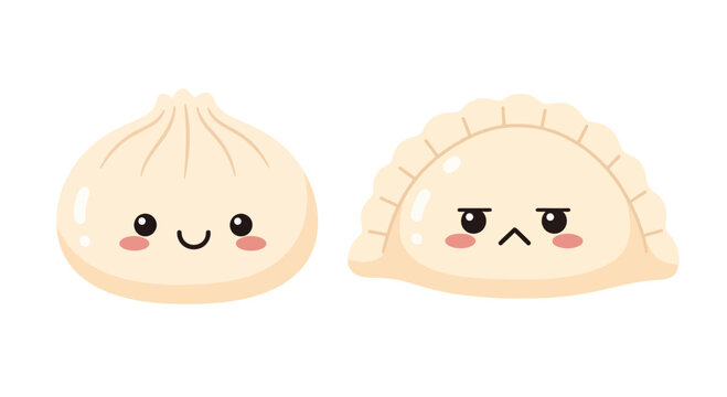 Cute Kawaii Dumpling and Bao Characters with Happy and Grumpy Faces