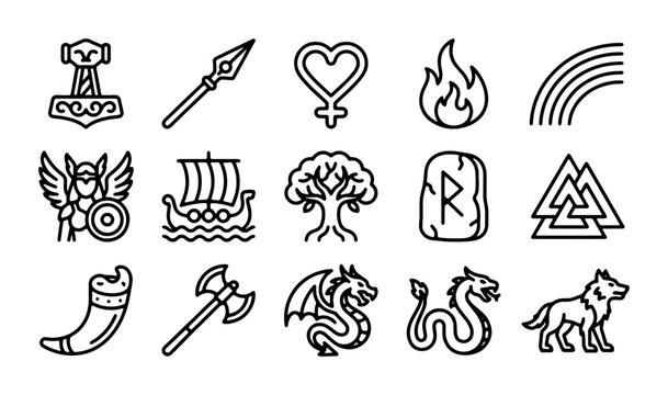 Norse Mythology Icons, Viking Symbols Set, Ancient Nordic Runes, Dragon, Wolf, Thor Hammer