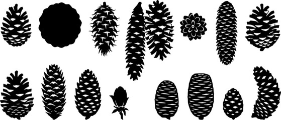 Obraz premium Set of black pine cone silhouettes isolated on a white background, winter holiday decoration and forest botanical elements
