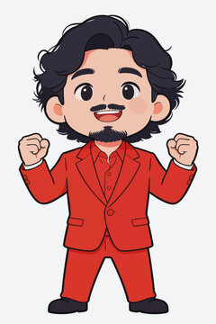 Cheerful chibi man in red suit celebrating with raised fists