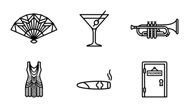 Vintage Jazz Age Icons: Flapper Dress, Martini, Trumpet, Fan, Cigar, Door
