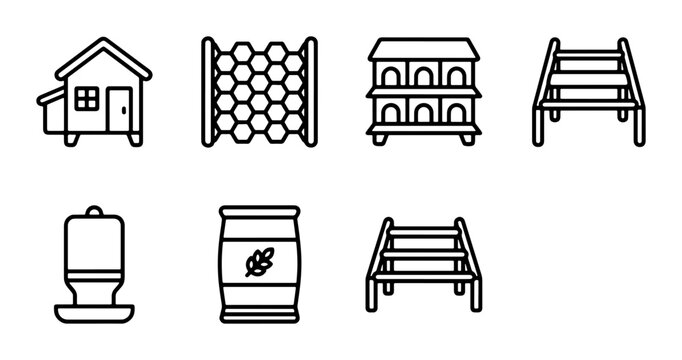 Chicken Coop Icons, Poultry Farm Elements, Birdhouse Set, Farm Animal Accessories, Vector Graphics