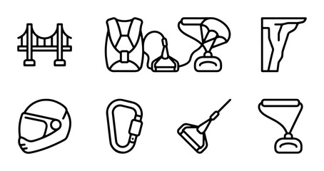 Extreme Sports Icons Set: Adventure Gear, Bungee Jumping, Skydiving, Climbing, Helmet, Carabiner © Tushar