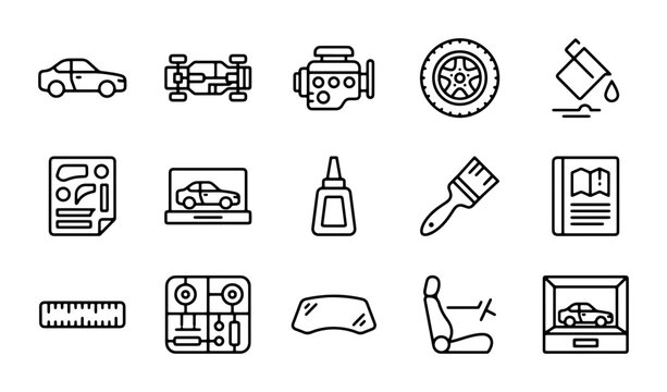 Car Model Building Icons, Hobbyist Tools, Automotive Assembly Vector Set