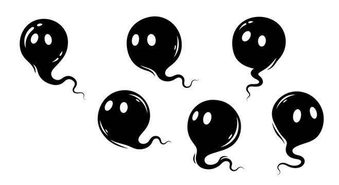 Spooky Black Ghosts Halloween Icons Set, Cute Cartoon Characters, Isolated on White Background