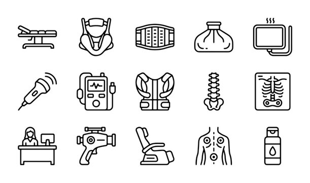 Chiropractic & Physical Therapy Icons: Medical Equipment, Spinal Care, Rehabilitation Devices