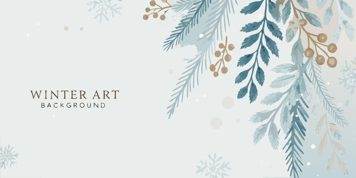 watercolor pine branches and berries in cool teal gray and beige tones