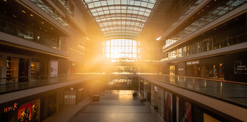 Modern shopping mall interior with bright golden sunlight streaming through roof © islamamar