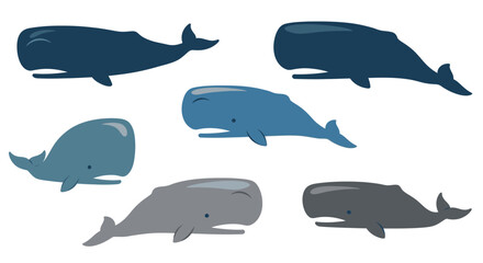 Naklejka premium Whale Family Illustration: Diverse Blue and Grey Whales Swimming Together