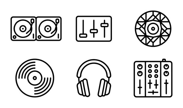DJ Equipment Icons, Music Production Symbols, Audio Mixer, Turntables, Vinyl Record, Headphones