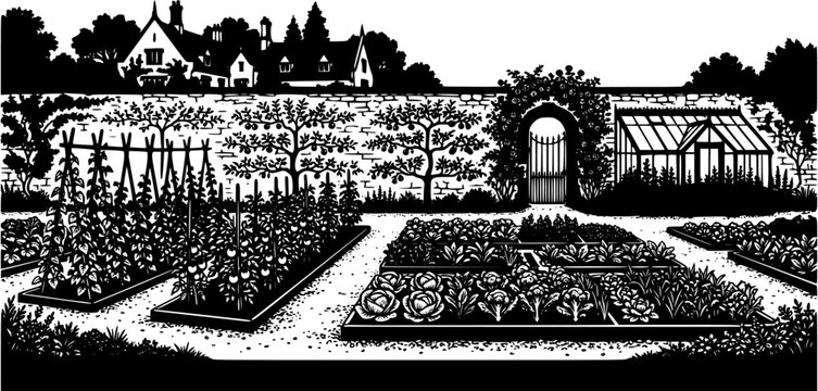 Black and white illustration of a formal kitchen garden with raised vegetable beds, fruit trees, a greenhouse and a stone wall with an arched gate.