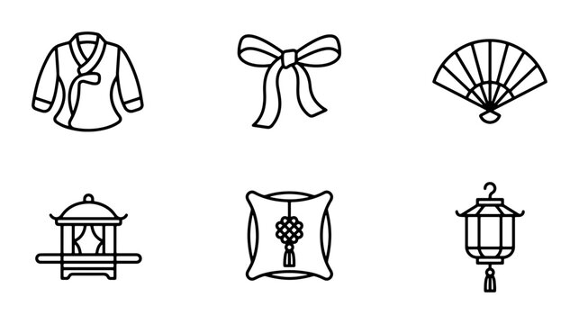 Korean Traditional Icons Set: Hanbok, Fan, Lantern, Palanquin, Knot Pillow, Bow